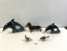 TWO POOLE DOLPHINS, A BESWICK DACHSHUND, BESWICK PHEASANT, AND BESWICK GREY WAGTAIL.