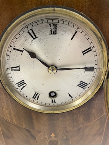 EDWARDIAN INLAID MAHOGANY MANTEL CLOCK, WITH SILVERED DIAL, BY ASTRAL COVENTRY. 29X20 - Image 2 of 4