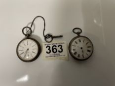 800 SILVER ENGINE TURNED LADIES FOB WATCH WITH KEY AND ONE OTHER FOB WATCH