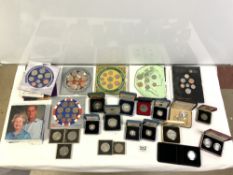 ELEVEN SILVER PROOF COINS IN CASES, AND A QUANTITY OF NON SILVER PROOF COIN SETS.