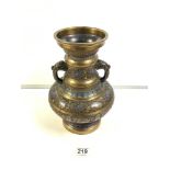 CHINESE BRONZE AND ENAMEL TWO HANDLED VASE, 31CMS.