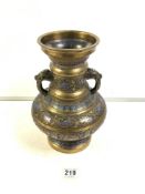 CHINESE BRONZE AND ENAMEL TWO HANDLED VASE, 31CMS.