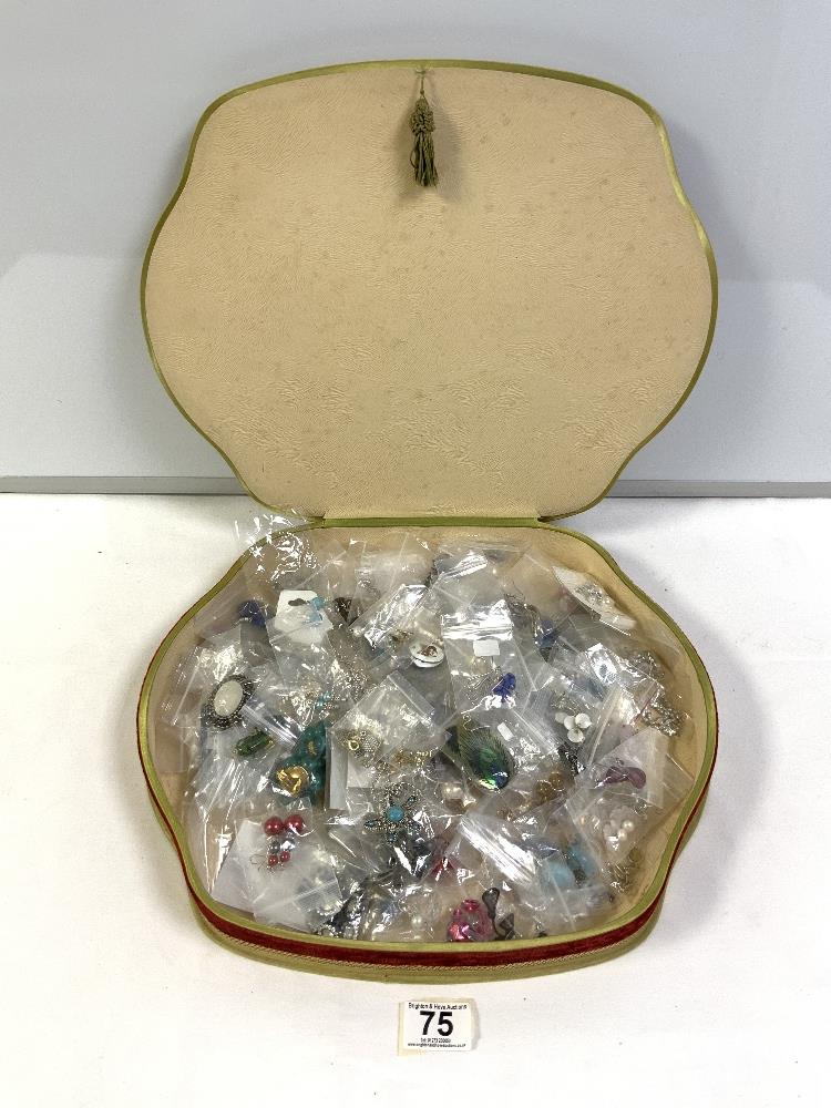 A QUANTITY OF COSTUME JEWELLERY, IN A SHAPED TAPESTRY BOX.