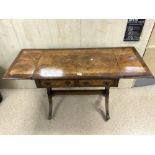 WALNUT AND MAHOGANY DROP END SOFA TABLE WITH TWO DRAWERS WITH BRASS PAW FEET ON ORIGINAL CASTORS