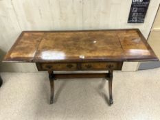 WALNUT AND MAHOGANY DROP END SOFA TABLE WITH TWO DRAWERS WITH BRASS PAW FEET ON ORIGINAL CASTORS