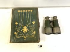 A VICTORIAN ART NOUVEAU LEATHER PHOTOGRAPH ALBUM, AND A PAIR OF VICTORIAN BINOCULARS.