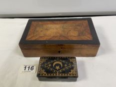 A TURKISH BLACK AND GOLD LACQUERED SNUFF BOX, AND PARQUETRY INLAID BOX.