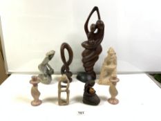 A CARVED WOODEN SCULPTURAL FIGURE, 48 CMS, AND TWO OTHERS, THREE HARDSTONE FIGURES, AND A PAIR OF