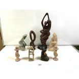 A CARVED WOODEN SCULPTURAL FIGURE, 48 CMS, AND TWO OTHERS, THREE HARDSTONE FIGURES, AND A PAIR OF