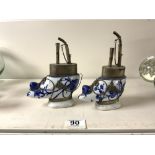 PAIR BLUE AND WHITE PORCELAIN HOOKAH PIPES SHISHA WITH METAL MOUNTS,