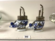 PAIR BLUE AND WHITE PORCELAIN HOOKAH PIPES SHISHA WITH METAL MOUNTS,