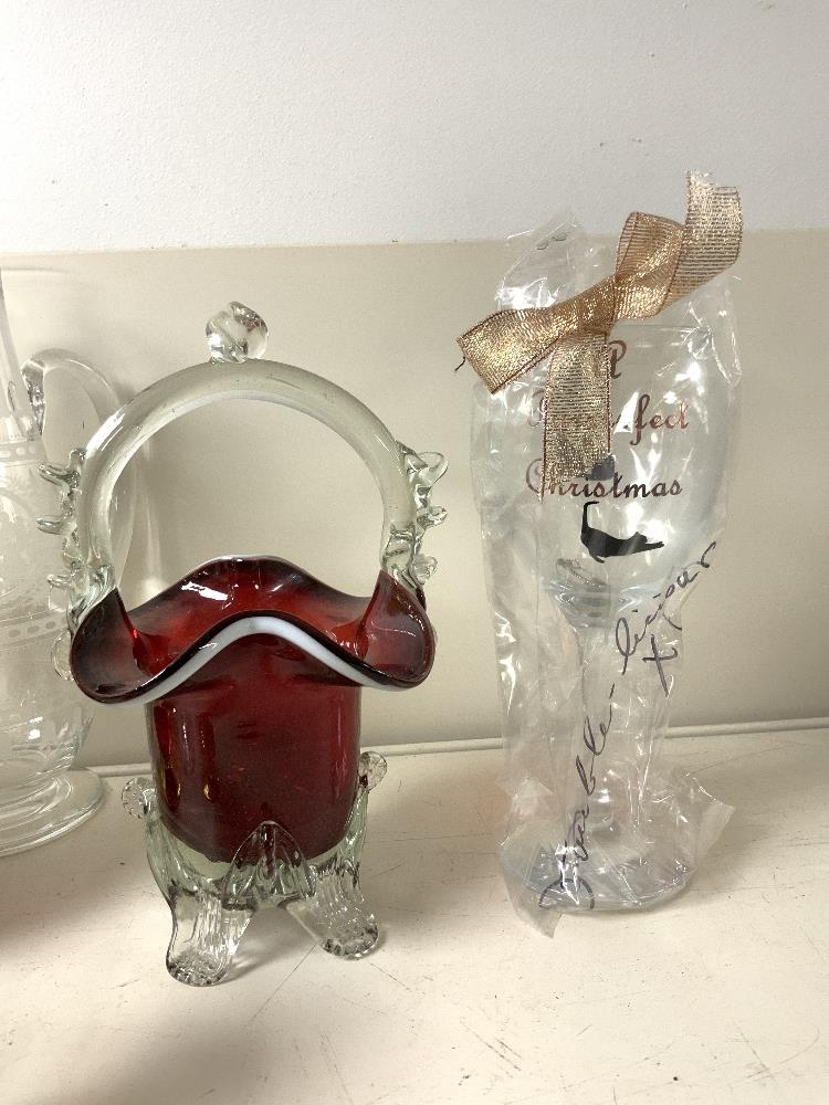 ETCHED GLASS CLARET JUG 25 CMS, RUBY GLASS BASKET, RED AND GOLD GLASS LIQUER SET, ETC. - Image 2 of 9