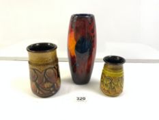 ALAN CLARK STUDIO RED GLAZED VASE, 25CMS. AND TWOSIMILAR GLAZED STUDIO VASES.