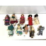 NINE SMALL BISQUE HEADED DOLLS IN COSTUME, AND ONE OTHER.