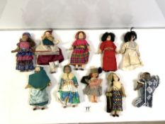 NINE SMALL BISQUE HEADED DOLLS IN COSTUME, AND ONE OTHER.