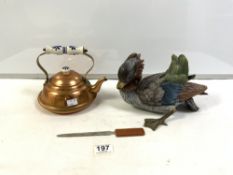 A RESIN AND BRASS MODEL OF A DUCK, SMALL COPPER KETTLE AND LETTER KNIVE.