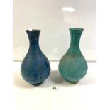 TWO BLUE GLAZED POTTERY BOTTLE VASES, 1 WITH CHIP. 28 CMS.