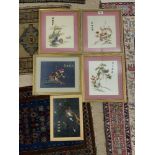 FIVE JAPANESE SILKS FRAMED AND GLAZED 34 X 38 CM