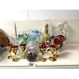 ETCHED GLASS CLARET JUG 25 CMS, RUBY GLASS BASKET, RED AND GOLD GLASS LIQUER SET, ETC.