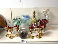 ETCHED GLASS CLARET JUG 25 CMS, RUBY GLASS BASKET, RED AND GOLD GLASS LIQUER SET, ETC.
