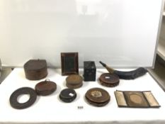 VICTORIAN LEATHER CASED TAPE MEASURE, BOX CAMERA, 3 INLAID CRIBBAGE BOARDS, AND SMALL QUANTITY OF