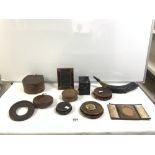 VICTORIAN LEATHER CASED TAPE MEASURE, BOX CAMERA, 3 INLAID CRIBBAGE BOARDS, AND SMALL QUANTITY OF