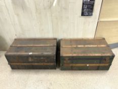 TWO ANTIQUE METAL AND WOOD BOUND TRAVELLING / SHIPPING TRUNKS 85 X 40 X 50 CMS