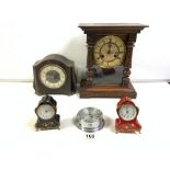 AMERICAN MANTEL CLOCK, THREE SMALLER MANTEL CLOCKS, AND A SMALL CHROME SHIPS STYLE 8 DAY CLOCK BY