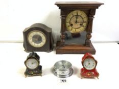 AMERICAN MANTEL CLOCK, THREE SMALLER MANTEL CLOCKS, AND A SMALL CHROME SHIPS STYLE 8 DAY CLOCK BY