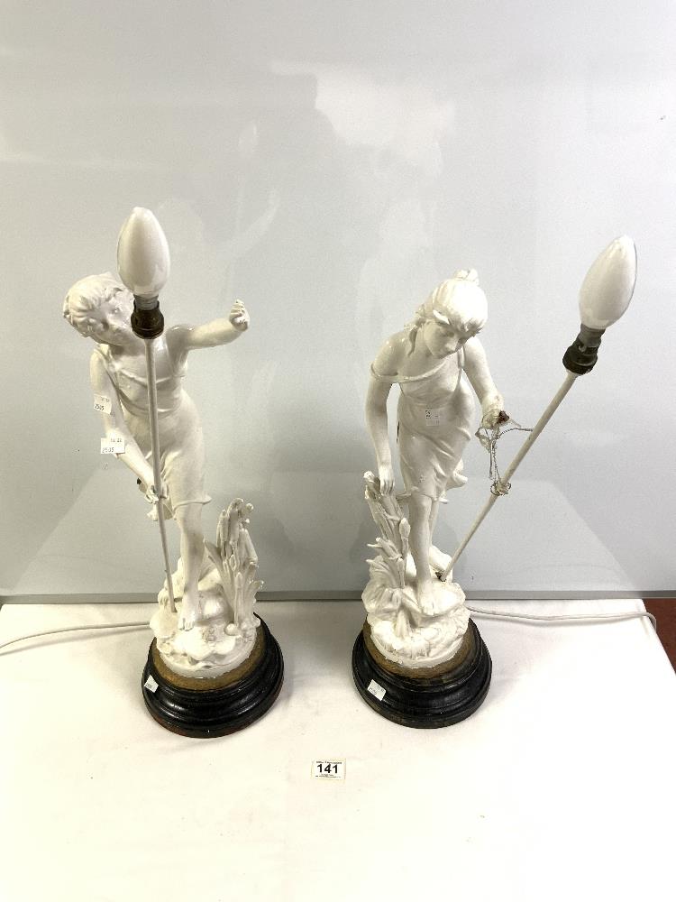 A PAIR OF LATE VICTORIAN PAINTED SPELTER CLASSICAL FIGURE LAMPS. 60 CMS. - Image 4 of 6