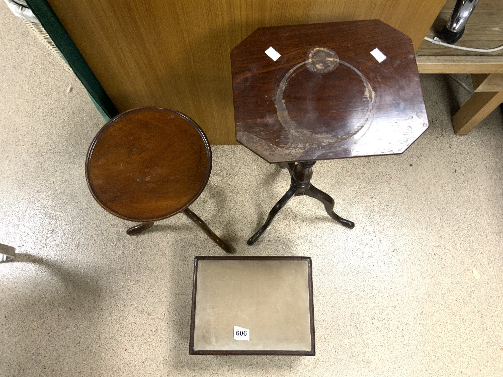 TWO ANTIQUE MAHOGANY TRIPOD LEG WINE TABLES 72.5 CM HIGH AND 51CM AND FOOT STOOL - Image 2 of 3