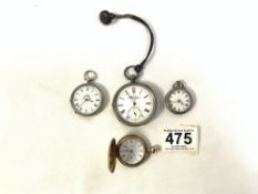 935 SILVER POCKET WATCH WITH TWO SILVER FOB WATCHES AND ONE ELGIN FOB WATCH