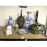 CHINESE BLUE AND WHITE HEXAGONAL BLUE AND WHITE BIRD AND FLOWER DECORATED VASE, 40CMS, CHINESE BLACK