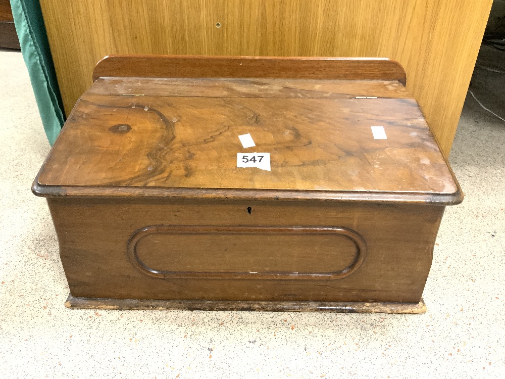 A LATE VICTORIAN BURR WALNUT AND MAHOGANY SLOPING TOP BOX. - Image 3 of 3