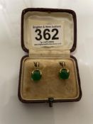 PAIR OF ANTIQUE YELLOW METAL AND JADE EARRINGS