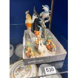 THREE GERMAN PORCELAIN FIGURES OF BIRDS, LARGEST 20CMS, AND THREE SMALL HUMMELL FIGURES OF