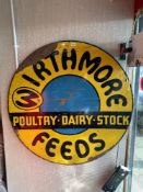 A VINTAGE CIRCULAR PAINTED METAL SIGN FOR - WIRTHMORE FEEDS, POULTRY. DAIRY. STOCK. 122 CMS