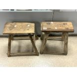 TWO WOODEN ANTIQUE MILKING STOOLS