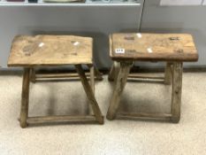 TWO WOODEN ANTIQUE MILKING STOOLS