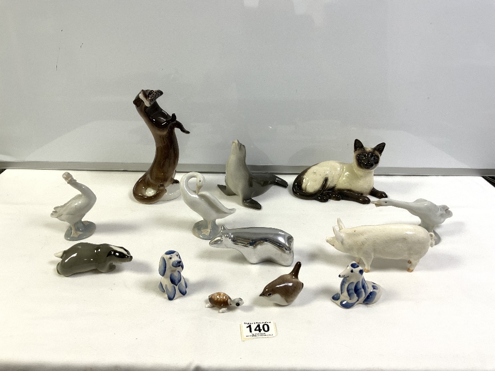 THREE USSR PORCELAIN FIGURES OF OTTER, SEAL AND A BADGER, BESWICK CAT AND PIG, AND OTHERS.
