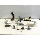 THREE USSR PORCELAIN FIGURES OF OTTER, SEAL AND A BADGER, BESWICK CAT AND PIG, AND OTHERS.