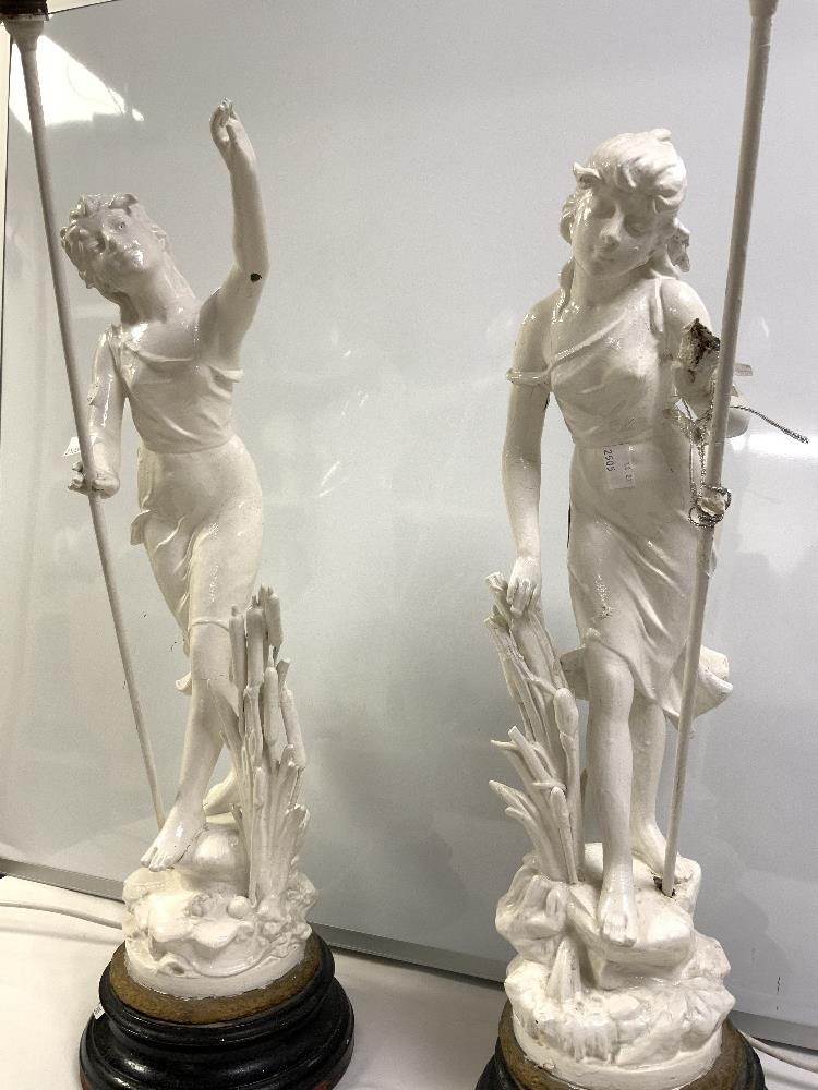 A PAIR OF LATE VICTORIAN PAINTED SPELTER CLASSICAL FIGURE LAMPS. 60 CMS. - Image 3 of 6