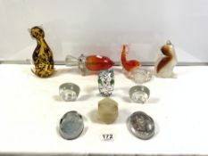 GLASS FIGURE OF A CAT, 22CMS, ANOTHER AND FOUR GLASS CAT PAPERWEIGHTS, GLASS HIPPO, DOLPHIN, ETC.