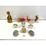 GLASS FIGURE OF A CAT, 22CMS, ANOTHER AND FOUR GLASS CAT PAPERWEIGHTS, GLASS HIPPO, DOLPHIN, ETC.