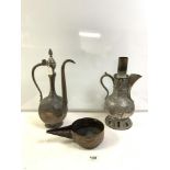 TWO SYRIAN SILVERED COPPER EWER JUGS, 40 CMS, AND ISLAMIC COPPER JUG.