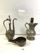 TWO SYRIAN SILVERED COPPER EWER JUGS, 40 CMS, AND ISLAMIC COPPER JUG.