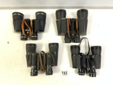 A PAIR OF ZENITH 7X50 BINOCULARS NO 81669, PAIR OF BOOTS 10X50 BINOCULARS, AND TWO OTHER PAIRS OF