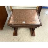 MID-CENTURY G PLAN RED LABEL TEAK NEST OF TABLES WITH COPPER BEATEN TOPS