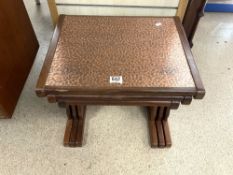 MID-CENTURY G PLAN RED LABEL TEAK NEST OF TABLES WITH COPPER BEATEN TOPS