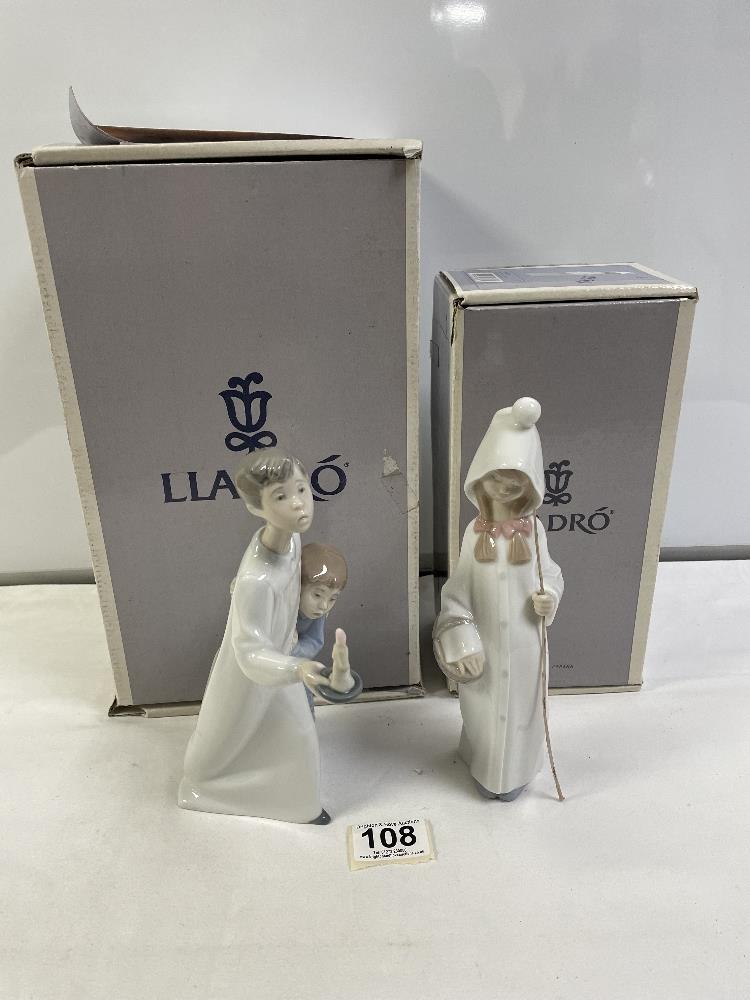 LLADRO FIGURE- SHEPERDESS WITH BASKET, NO- 04678, AND BOYS IN NIGHT SHIRT-NO 04874 WITH ORIGINAL